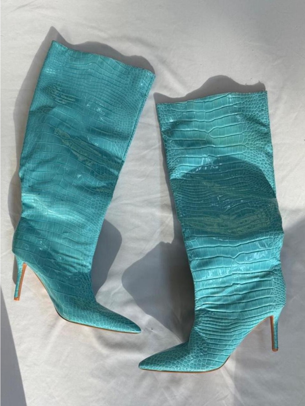 PrettyLittleThing Turquoise Croc-Embossed Pointed-Toe Stiletto Boots